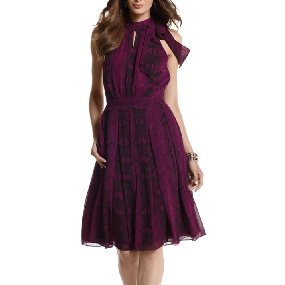 Tie Neck Amethyst Snake Print Chiffon Dress Size 2